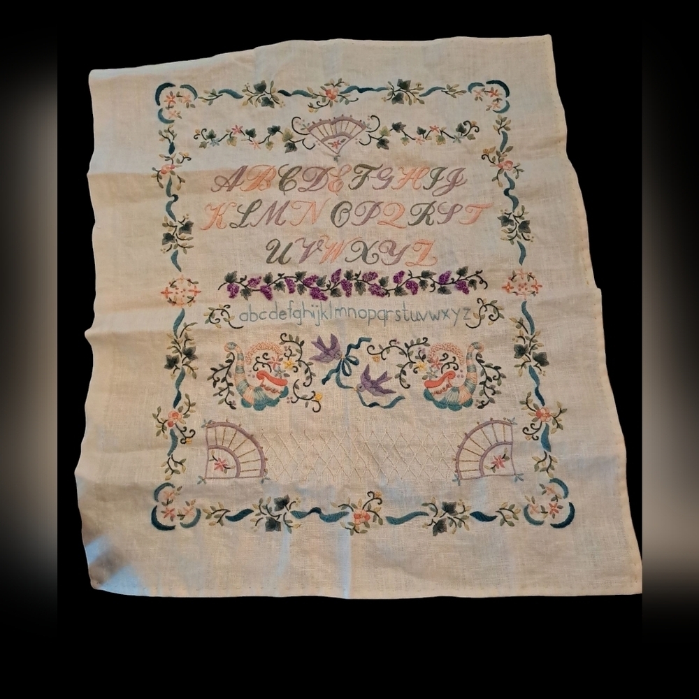 Vintage Embroidered Alphabet Tapestry linen backing